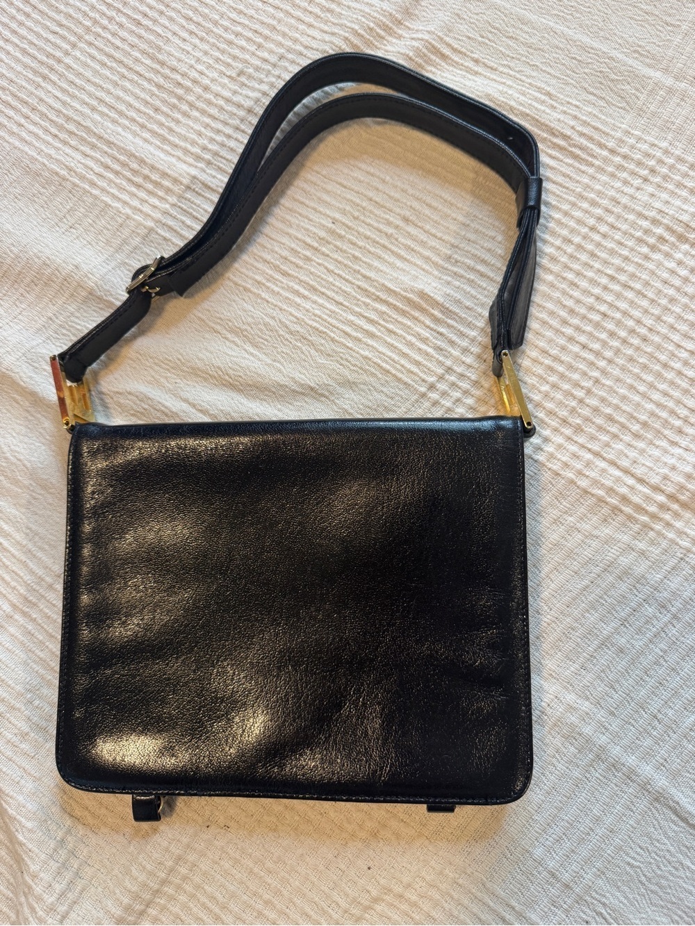 Vintage 60s Saks Black Leather Structured Shoulder Bag Gold Hardware